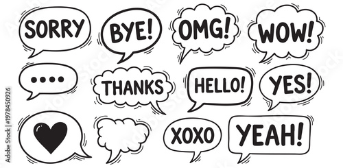 Set of handdrawn speech bubbles with text isolated on white background