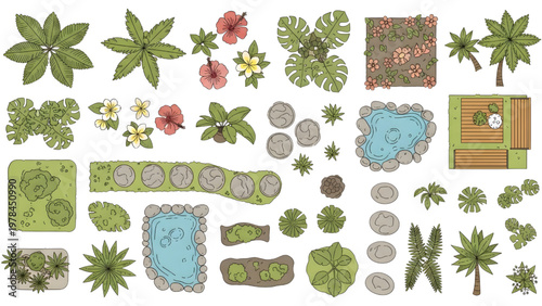 Top View Urban Park Vegetation Symbols Vector Set, Trees Bushes Grass for Architectural Plans, Geometric Style, Isolated on White