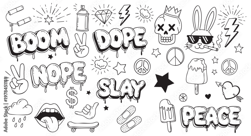 Fototapeta premium A collection of hand-drawn graffiti style doodles, including words like Boom, Dope, Nope, Slay, Peace, and various icons like skulls, rabbits, and symbols isolated on white background.