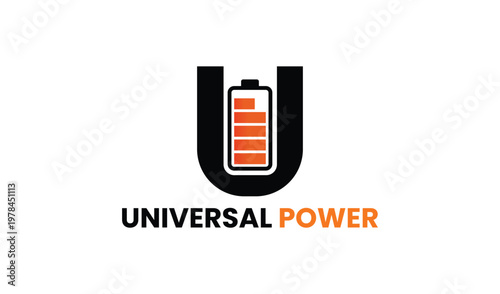 Modern battery icon with universal power text, abstract design for energy, technology, and innovation concepts, suitable for tech and green energy industries.