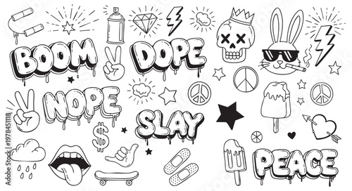 Set of graffiti style doodles, stickers, and patches isolated on white
