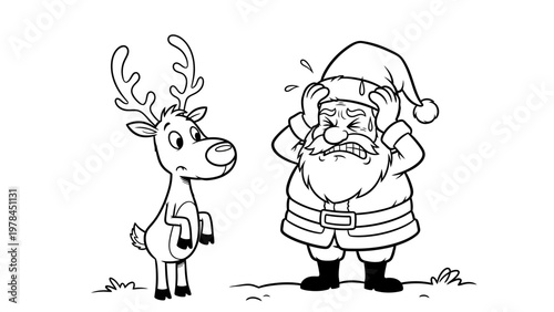 Stressed santa claus with reindeer outline illustration christmas concept