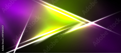 Abstract design features vibrant purple, yellow, green hues. Bright lines intersect creating dynamic visual effect. Modern, energetic composition.