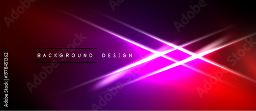 Abstract background features vibrant neon lines, gradients. Purple, pink, red hues create dynamic visual effect. Modern design element.