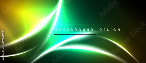 Abstract vibrant lines create dynamic green, yellow gradient. Text reads background design centered within bright area. Smooth curves dominate composition.