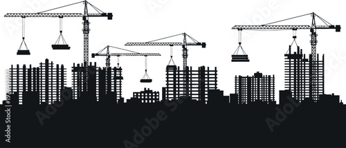 Urban City Construction Site Silhouette with Tower Cranes and Unfinished Buildings
