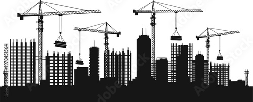 Dynamic City Construction Site Silhouette with Tower Cranes and Developing Buildings