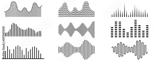 A set of black graphic elements representing sound waves of various amplitudes and frequencies. Vector illustration.
