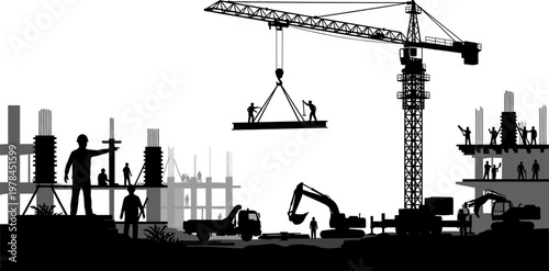 Detailed silhouette illustration of a bustling construction site with workers and heavy machinery
