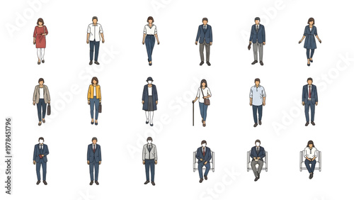 Top View Human Figures Vector Set, Walking Standing Sitting People for Architectural Floor Plans, Flat Minimal Style, Clean Layout