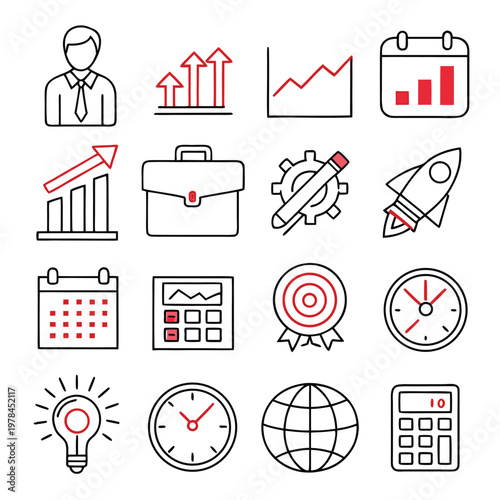 Collection of business and finance icons with a linear style business calendar briefcase lightbulb strategy management analysis planning calculation development businessman opportunity