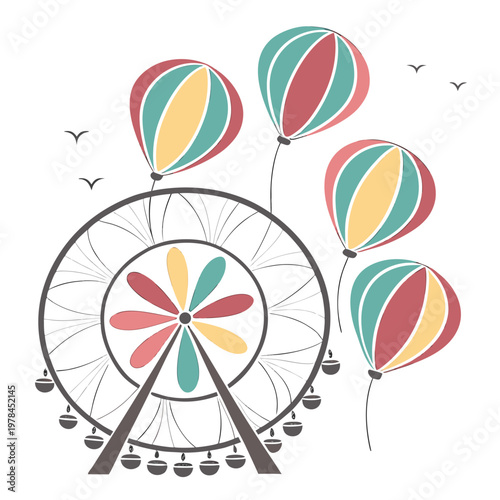 Ferris wheel and colorful balloons against a white background with birds hot air balloon amusement park carnival illustration transportation entertainment recreation celebration activity