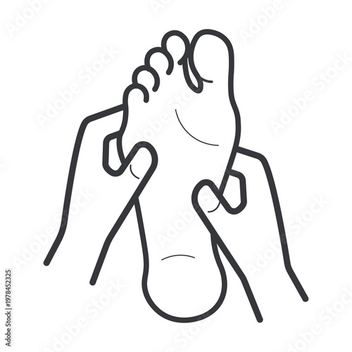 Isolated outline illustration of hand massaging sole of foot representing relaxation, reflexology, pain relief, wellness therapy, and body care concept