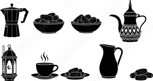 Elegant Ramadan and Eid Al-Fitr Icons Set with Traditional Dates and Coffee Pots