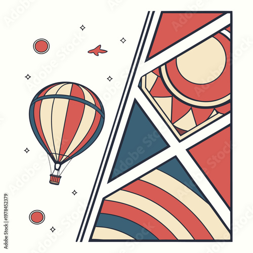 Hot air balloon ascending over geometric abstract background with adventure transportation illustration abstract geometric creative exploration ballooning vacation recreation