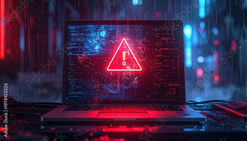 Laptop screen displaying a red warning sign in a digital environment.