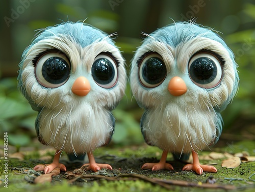 Two adorable cartoon owls standing on moss in a forest environment