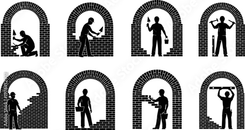 Silhouettes of Masons Building Brick Arches, Construction Work in Progress