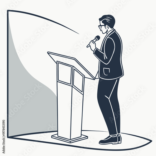 Man in suit speaking at a podium with a microphone public speaking microphone presentation businessman conference professional audience announcement reporter journalism business congress