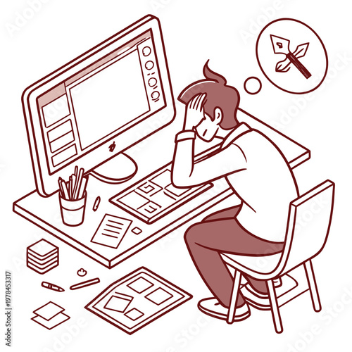 Stressed designer at computer struggling with creative work graphic design web design mental health designer computer frustration creative overwhelmed struggle difficult exhausted headache