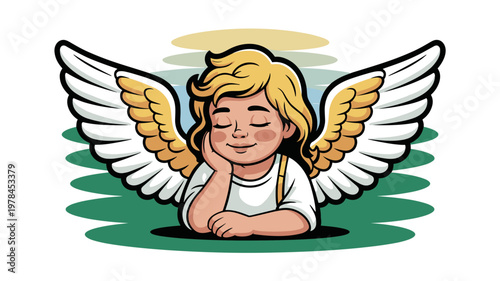 Cute angel character with wings in cartoon style. Spiritual and religious illustration for decorative use.