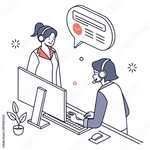 Customer service operators with headsets working at computers providing support and communication call center help desk online support technical support service industry customer care teamwork