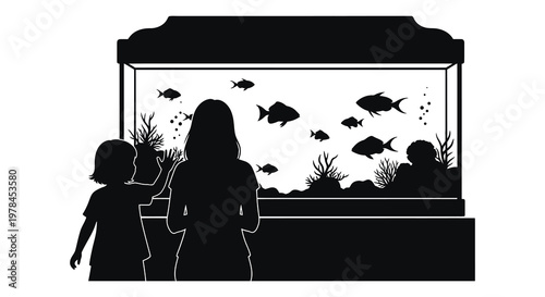 Family admiring fish in an aquarium a striking black silhouette