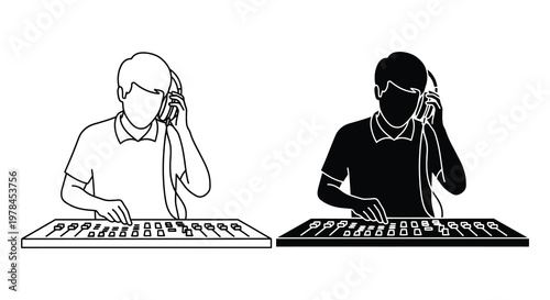 Two men talking on phones at desks one depicted as a silhouette
