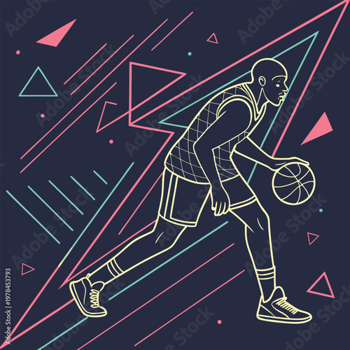 Graphic illustration of a basketball player dribbling a ball with abstract geometric shapes in the background basketball dribbling illustration abstract geometric movement background activity