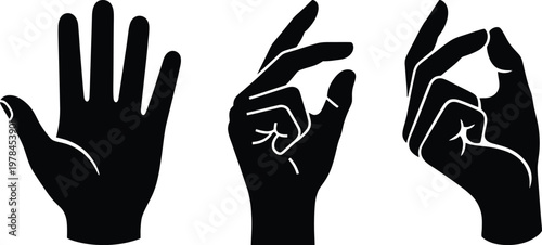Black silhouette hand gestures set with open palm and finger snapping icons.