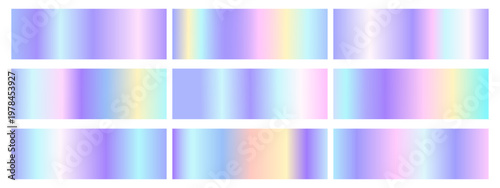 Collection of nine soft holographic gradient swatches with pearlescent pastel tones