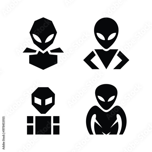 Set of four stylized alien head icons representing extraterrestrial beings and science fiction