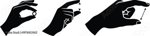 Hand gestures icon set for measuring small sizes and folding tiny objects silhouette. Hand demonstrating pinching, and zooming gestures with arrows and circles.