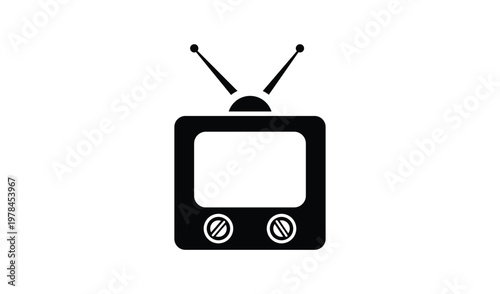 Vintage black and white illustration of an old television set with rabbit ear antenna and circular dials, evoking nostalgia.