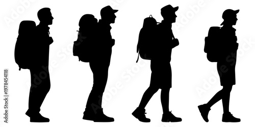 Collection of hiking backpacker silhouettes showing male and female travelers with backpacks and trekking gear in different walking poses