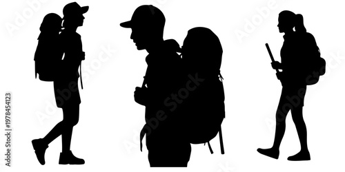 Collection of hiking backpacker silhouettes showing male and female travelers with backpacks and trekking gear in different walking poses