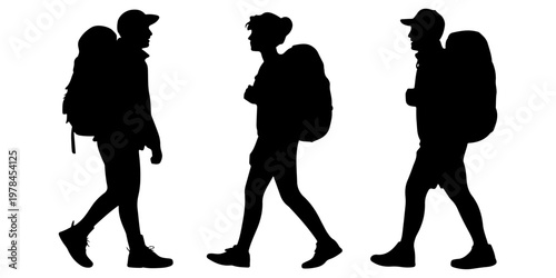 Collection of hiking backpacker silhouettes showing male and female travelers with backpacks and trekking gear in different walking poses
