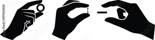 Set of hand silhouettes holding tiny objects measuring scale and pinching gestures icon. Hands pinching small items, a ring, a pill, and a scale indicator.