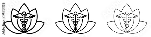 Set of linear caduceus icons inside a lotus flower with different stroke weights. Minimalist symbols of alternative medicine, holistic healing, ayurveda, and spa therapy.