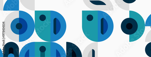 Abstract pattern features overlapping blue circles, semicircles. Minimalist design creates modern, playful aesthetic. Light background enhances shapes.