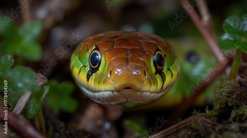 Closeup of colorful snake outdoors.