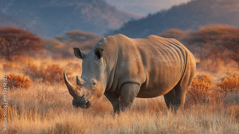 Fototapeta premium wild rhinos grazing peacefully on open plains during sunset, dramatic clouds in the sky, natural habitat and serene wildlife scene