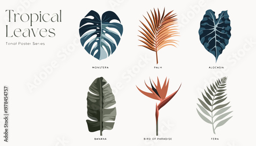 A dramatic golden hour sunset showcases vibrant tropical leaves and plants in a lush vector illustration.