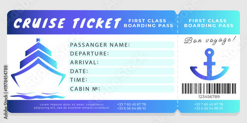 Cruise boarding pass template with ocean liner illustration, blank information fields and text. Vector template for cruise travel
