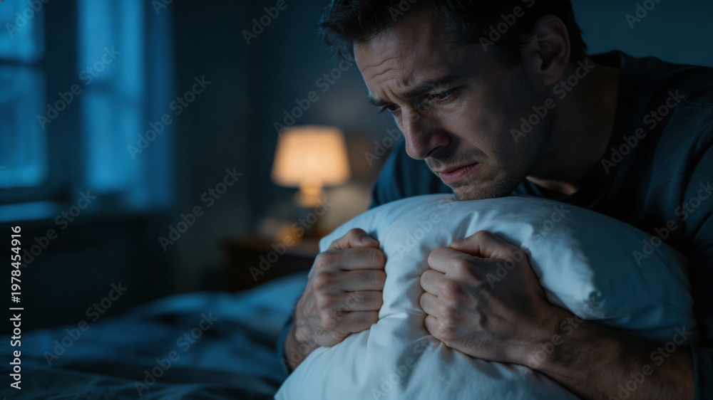 Fototapeta premium Man Suffering from Insomnia and Anxiety Holding Pillow at Night. A middle-aged man sitting on a bed in a dark room, looking distressed and exhausted while clutching a pillow, representing insomnia