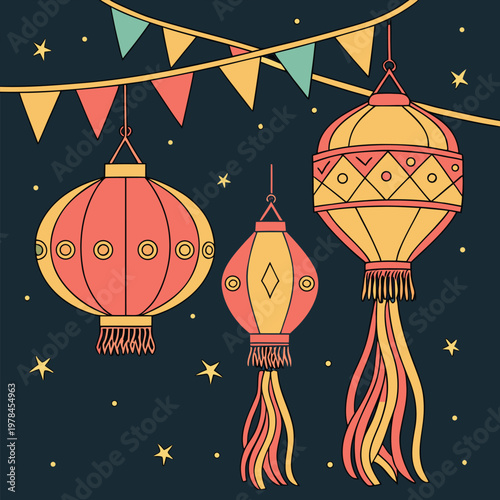 Decorative lanterns and bunting flags for celebration with decoration celebration festival illumination colorful traditional gathering ornament background illustration cultural occasion