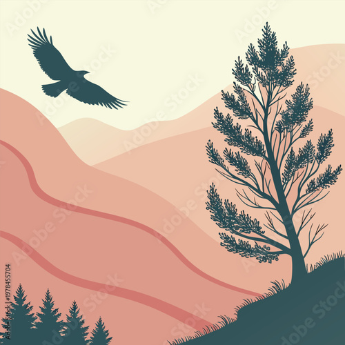 Eagle soaring over rolling hills and tree with silhouette landscape wildlife mountain outdoors predator majestic background