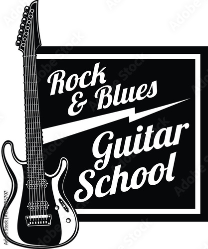 Rock & blues guitar school logo with electric guitar illustration