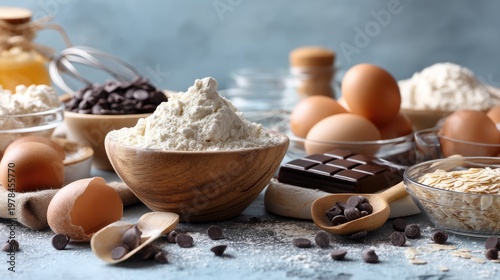Baking Ingredients Variety with Flour, Eggs, Chocolate and Oats