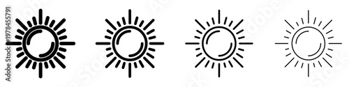 Set of linear sun icons with different stroke weights. Minimalist design symbolizing sunny weather, energy, light, and summer mood in a modern style. Vector illustration.